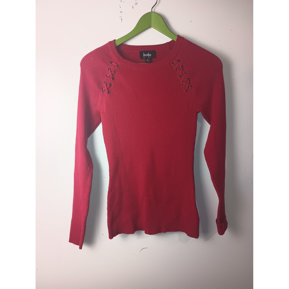 By & By Womens Red Ribbed Long Sleeve Sweater Lace Up Shoulder Y2K Medium